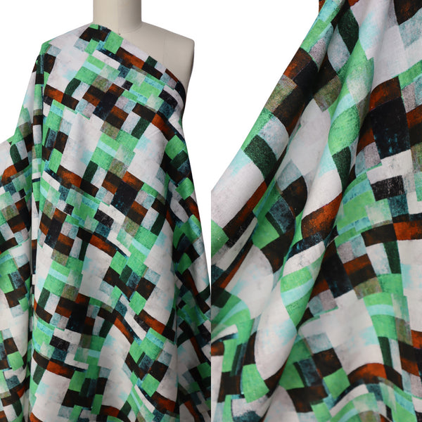 100% Linen - 'Geo Painterly' Green *Remnant .7m (**SEE DESCRIPTION) Was $29 Now $17